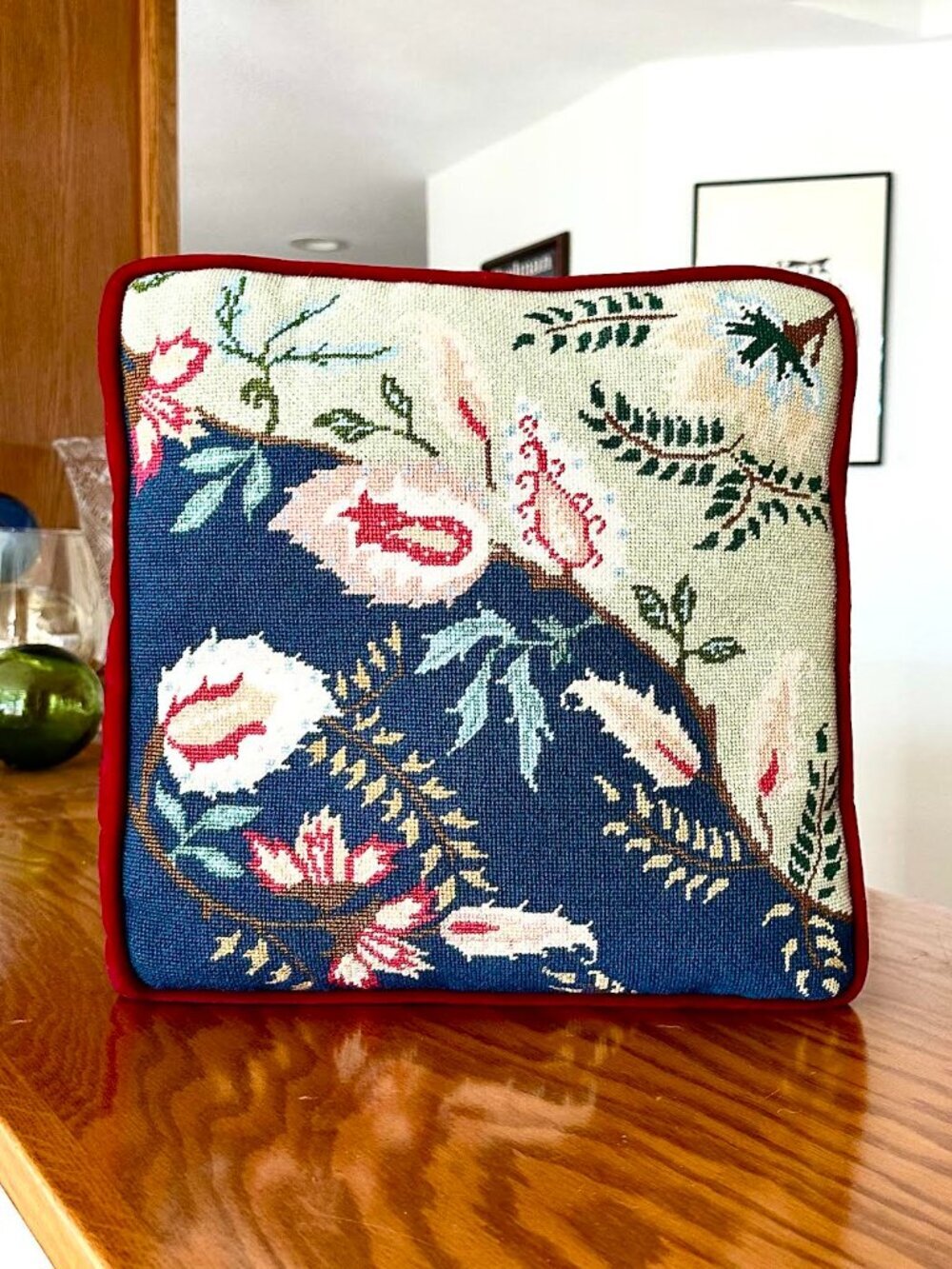 Vintage Handmade Floral Botanical Needlepoint Throw Pillow Jacobean Style